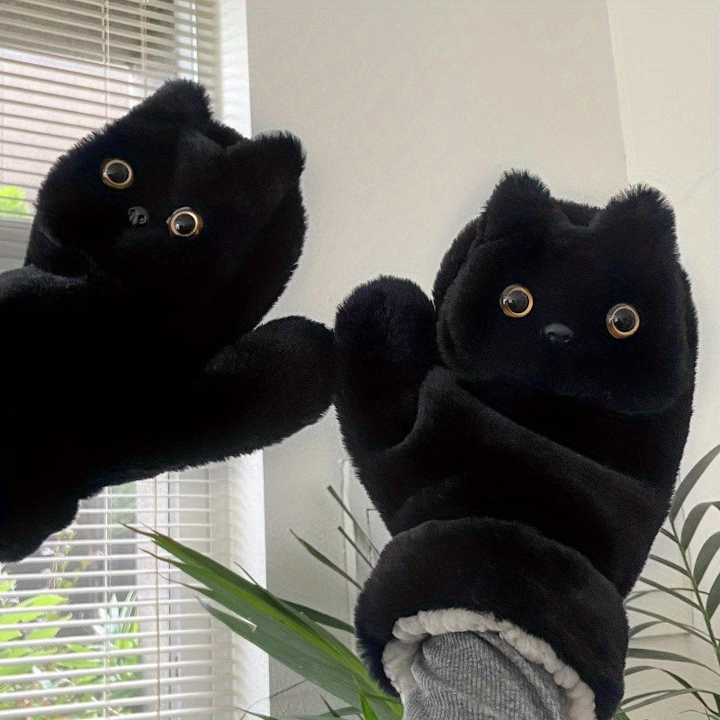 Charming Black Cat Plush Gloves for Women - Cozy & Warm Winter Accessory with Detachable Drawstring, Perfect for Casual Outings and Cycling
